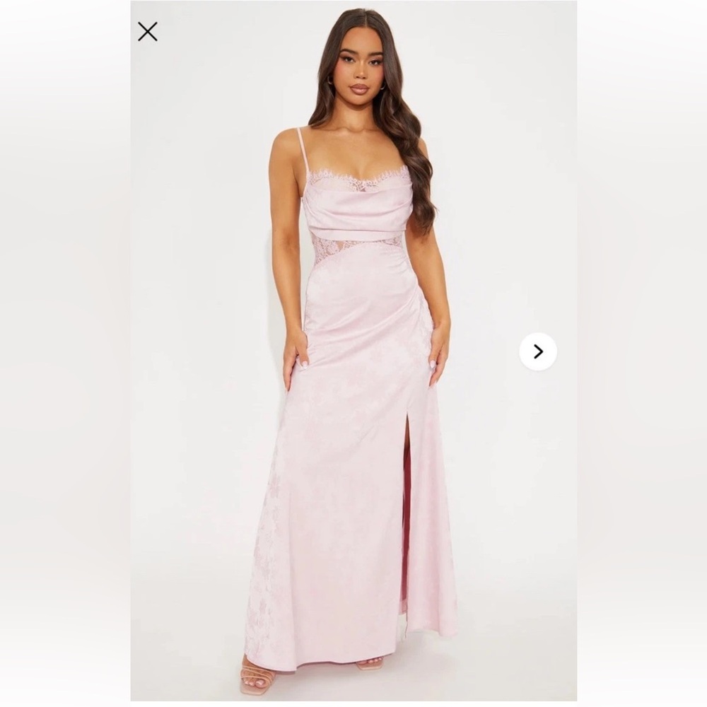 NWT Fashion Nova Tanya Floral Satin Maxi Dress XL Pink Lace Trim High Slit Dress